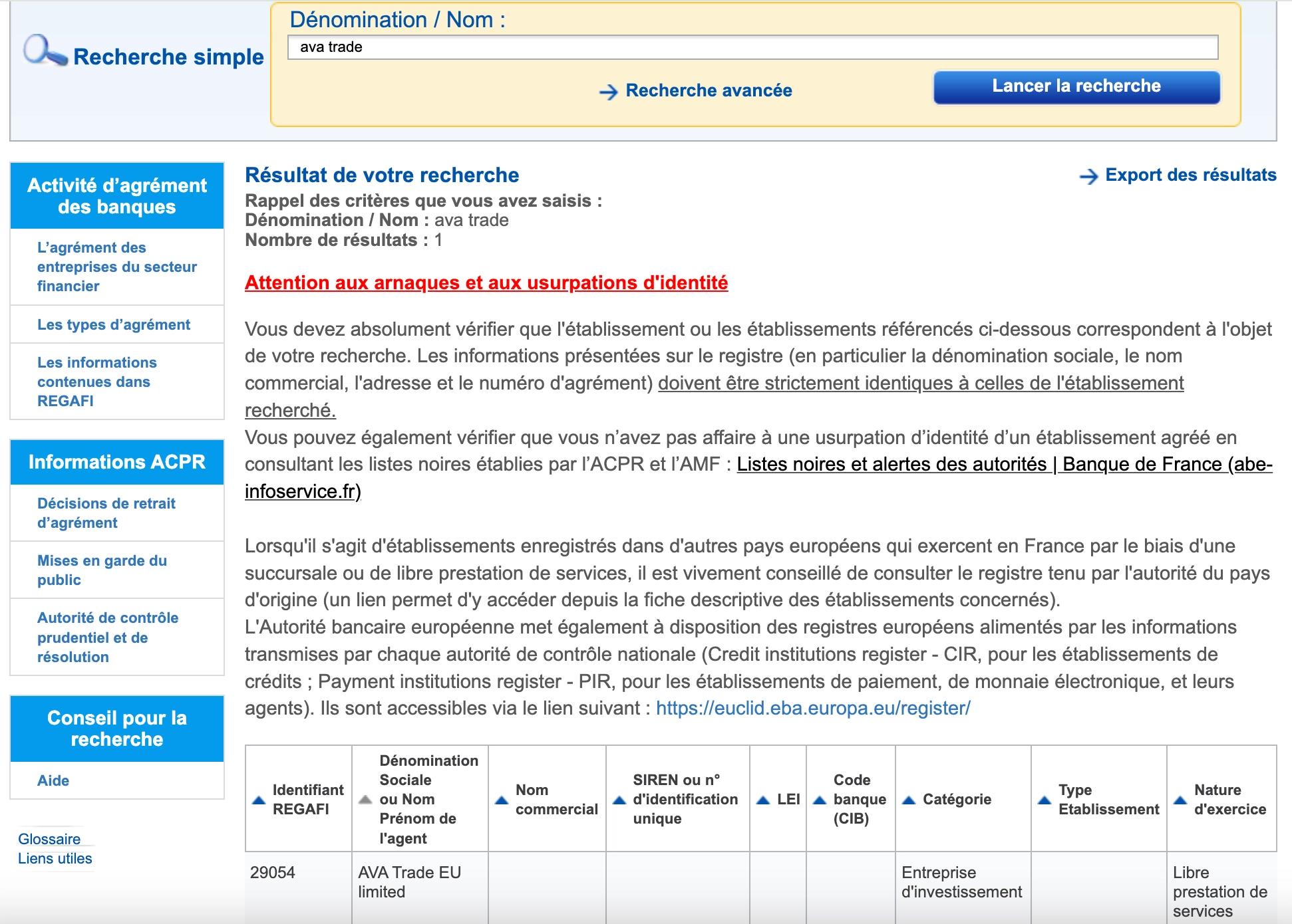 Exemple de recherche de courtier sur Regafi.