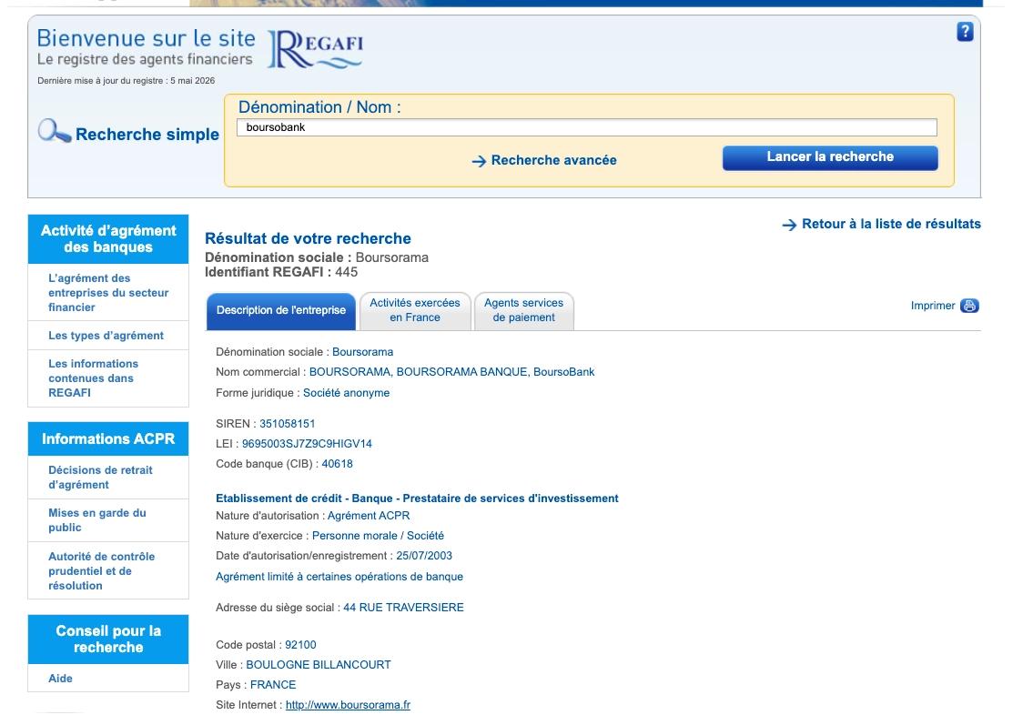 Preuve Regafi de l'autorisation à exercer en France pour BoursoBank