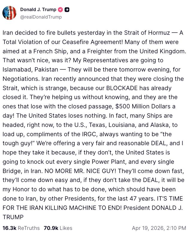 Message de Donald Trump sur Truth Social