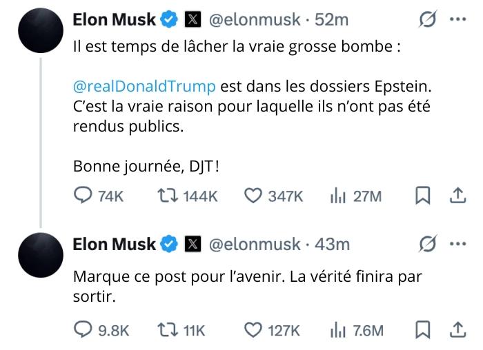 Elon Musk accuse Donald Trump d'avoir une part de responsabilité dans l'affaire Epstein