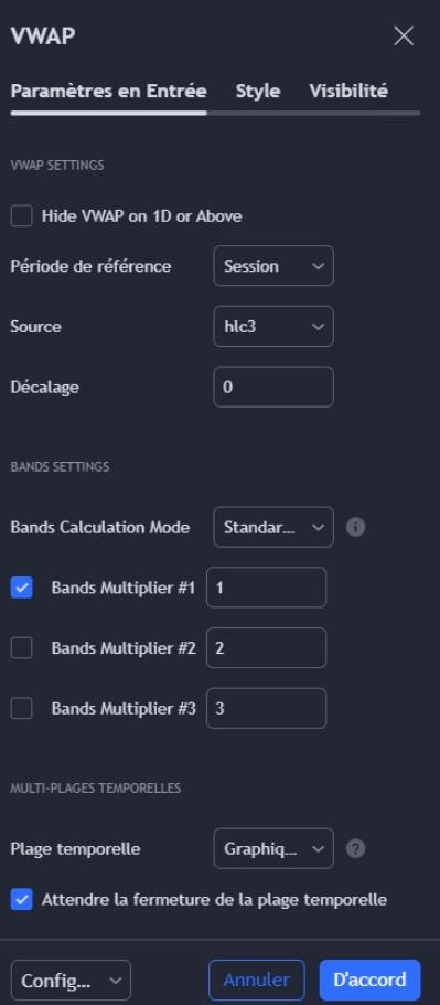 Le paramétrage des paramètres en entrée de la VWAP sur TradingView