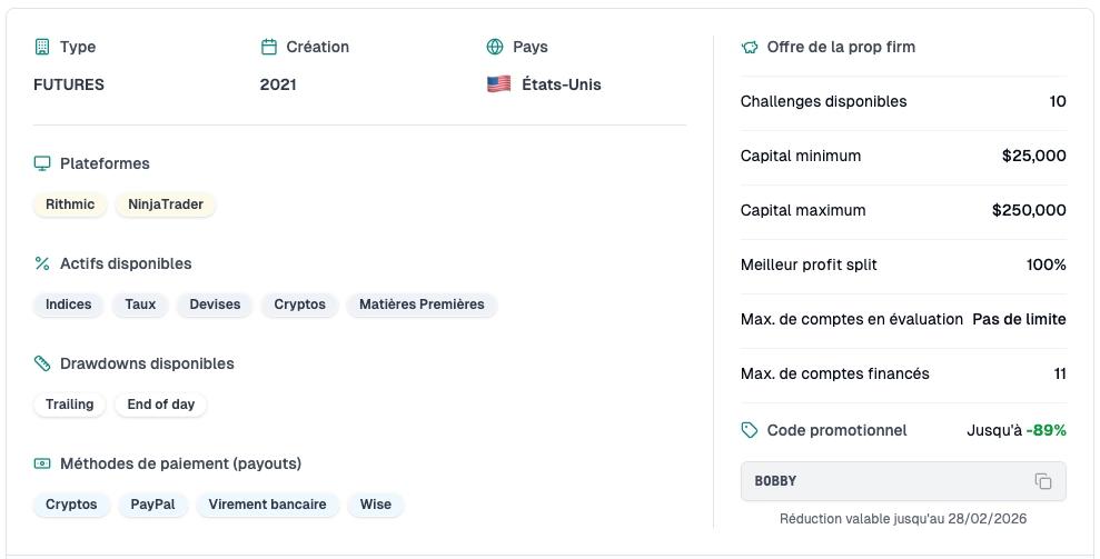 Caractéristiques de la prop firm Bulenox