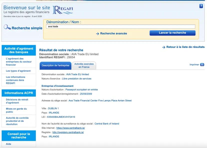 Preuve Regafi de l'enregistrement ACPR pour AvaTrade