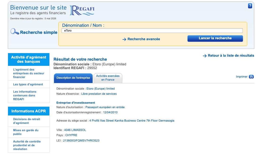 Preuve Regafi de l'autorisation à exercer en France pour eToro