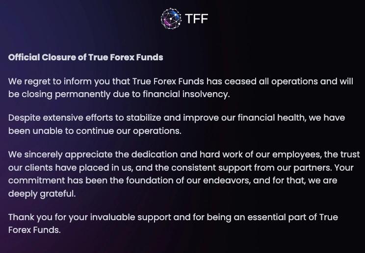 True Forex Fund fermeture message