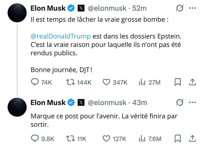 Elon Musk accuse Donald Trump d'avoir une part de responsabilité dans l'affaire Epstein